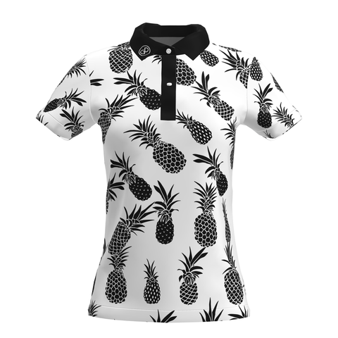 Women Black White Pineapple Pattern Golf Performance Polo Shirt